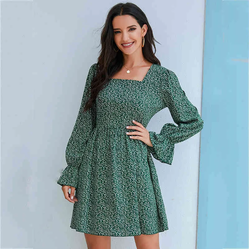 abito invernale boho stampa floreale manica lunga abito corto verde floreale elegante abito da donna con colletto quadrato vestidos 210415