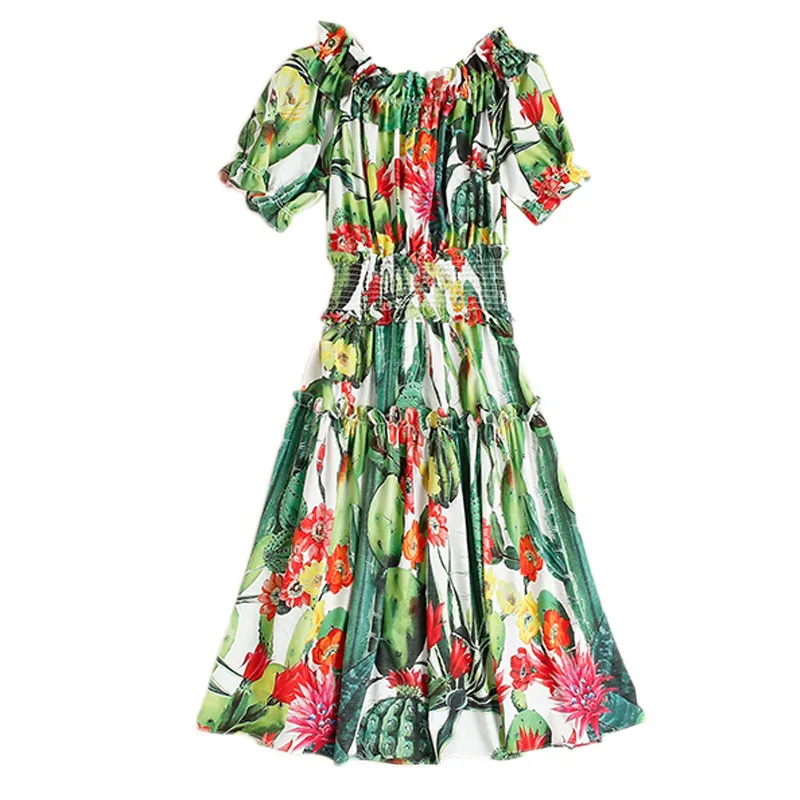 Landebahn Urlaub Sommer Boho Strand Frauen Sexy Off Schulter Tropical Dschungel Obst Blume Druck Laterne Hülse Kurzes Kleid 210416