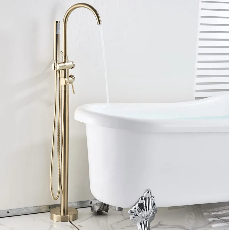 Bürstete goldene Badewanne Bodenständer Wasserhahnmischer Eingriff Mixer TAP 360 Rotationsauslauf mit ABS Handshower Bad Mixer Dusche 4506974