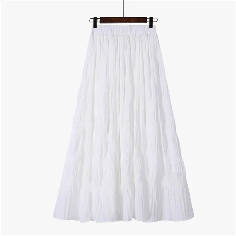 Plus Size Black Long Skirt Women Stretch High Waist Solid Chiffon A-Line Casual Pleated midi Faldas Saias Streetwear 210421