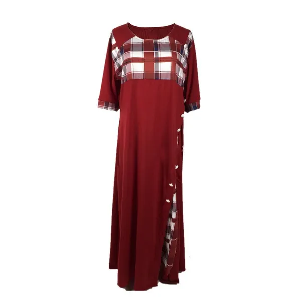 Elegant Plaid Print Dress Women Half Sleeve Button Pocket Long Dress Ladies Vintage A-Line Big Swing Maxi Party Dresses 2021 x0521