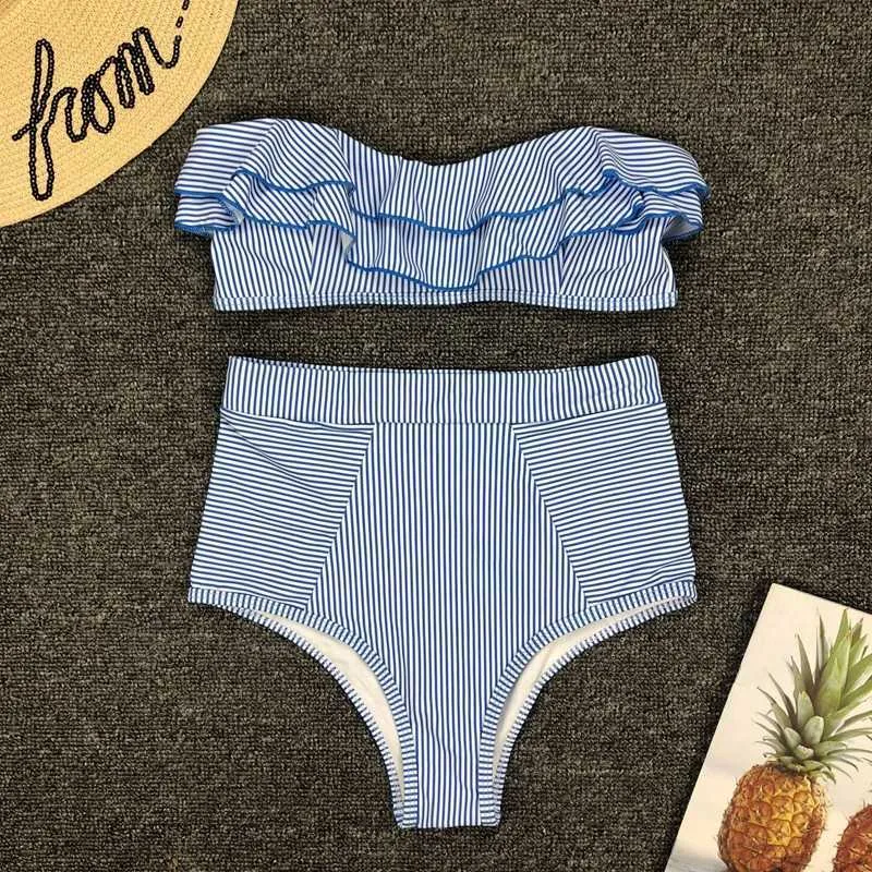 Sexy High Waist Bikini Swimsuit Women Ruffle Swimwear Striped Set Off Shoulder Bandeau Bathing Suit Summer Beachwear 210629