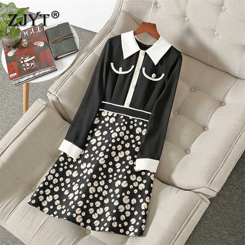 Europe Fashion Woman Clothes Runway Designers Long Sleeve Floral Printed Patchwork Spring Dress Office Lady Robe 210601
