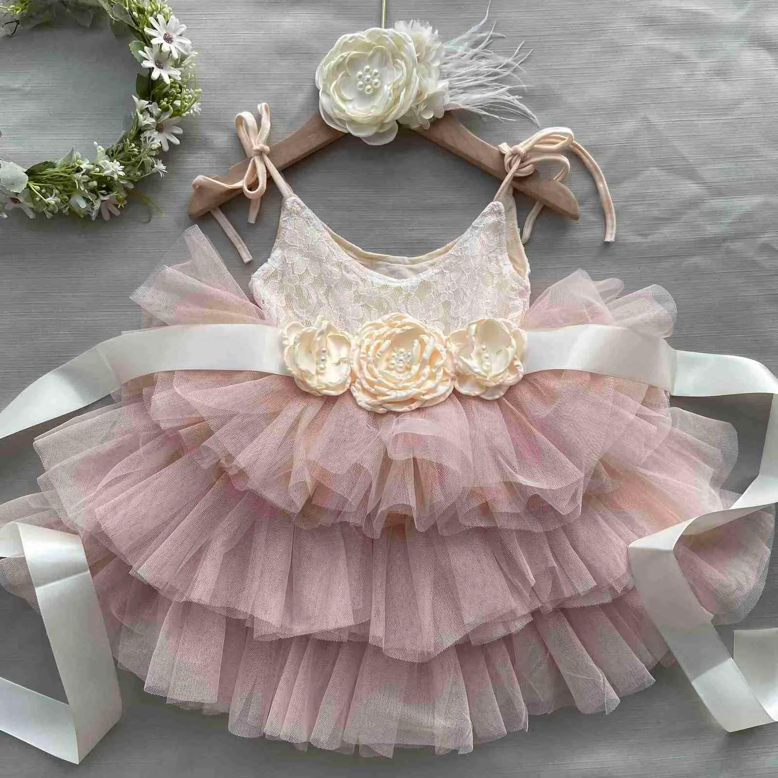Criança bebê meninas 1º vestido de aniversário para crianças Flowers Belt Headbow para roupas de casamento conjunto crianças traje princesa g1129