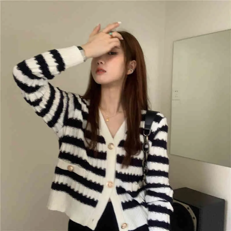 Kolor zablokowany paski dzianiny Kardenice Kobiety Pełna Rękaw V-Neck Single-Bierted Crop Tops Sweter Vintage Eleganckie koreańskie bluzy 210513
