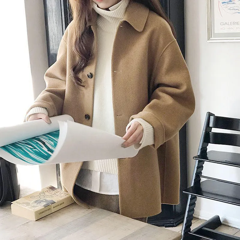 Design Wool Coat Womenturn Down Causal Blends Winter Coat Single Breasted Woman Jacket Lose Woolen Outwear Abrigos Mujer Invier