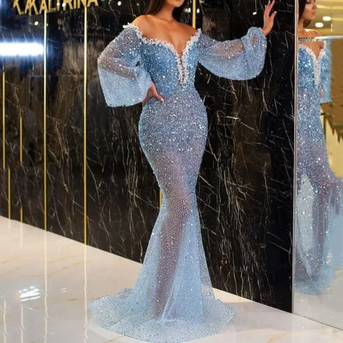 高品質のマーメイドイブニングドレス本物の写真豪華な重いパールスパンコールドレスアビティダセリモニアダーラフォーマルロングスリーブ186D