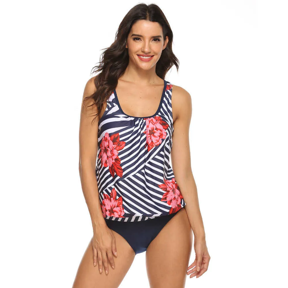 Dwuczęściowy strój kąpielowy Vintage Swimwear Kobiety Spodenki Tankini Sportowy High Waist Bikini Push Up Kąpiel Plus Size 3XL 210604