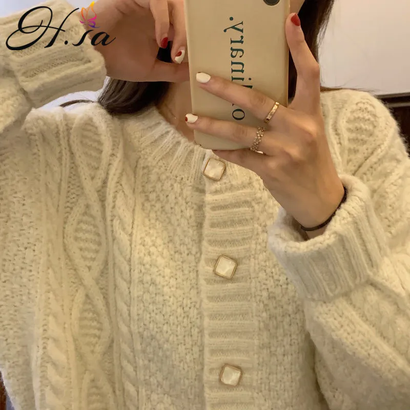 H.SA dla kobiet Moda Koreański Knit Cardigans Długi rękaw Przycisk W górę Beżowy Twisted Sweter Cardigan Sueter Mujer 210417