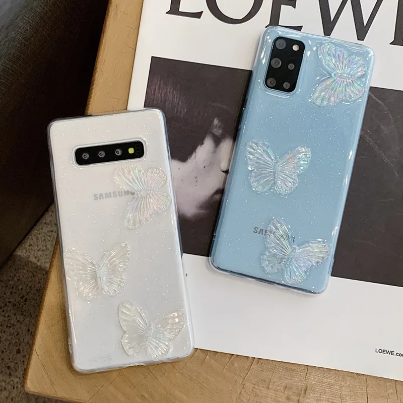 Coque de téléphone à paillettes papillon 3D, étui souple et transparent pour Samsung A51 A71 A21S A50 A12 A42 A52 S21 S20 S10 S9 Plus Note 20 10