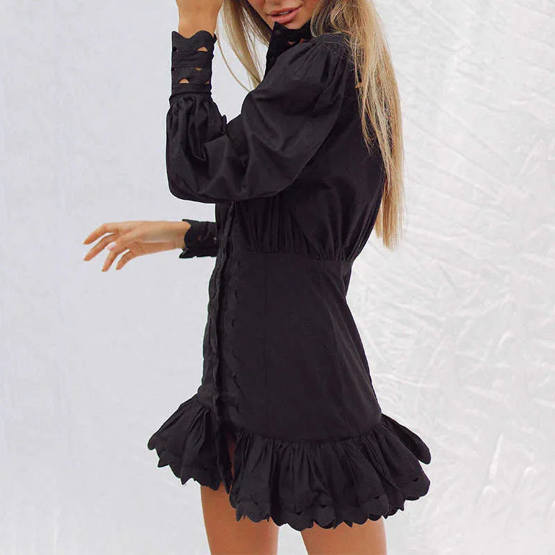 Spring Summer Dress Fashion Women Sexy Hollow Out Patchwork Lantern Sleeve Button Black White Shirt Mermaid Mini Dress 210630