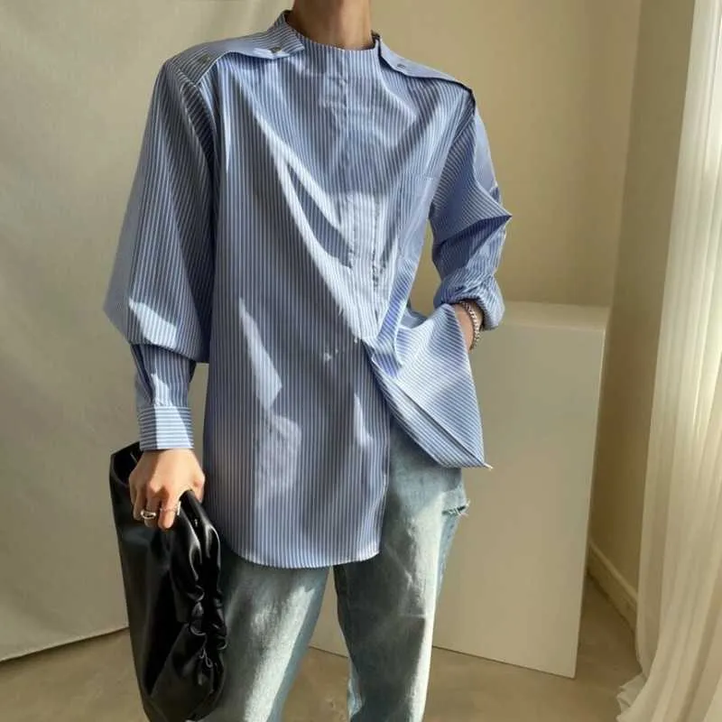 Camicia a righe casual da donna casual a maniche lunghe con colletto alla coreana a maniche lunghe con bottoni in metallo 210531