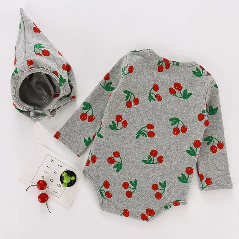 Frühling Baby Onesies Mädchen Kirsche Print Strampler Herbst Junge Kleidung Kleinkind Langarm Mit Kapuze Overall 210515