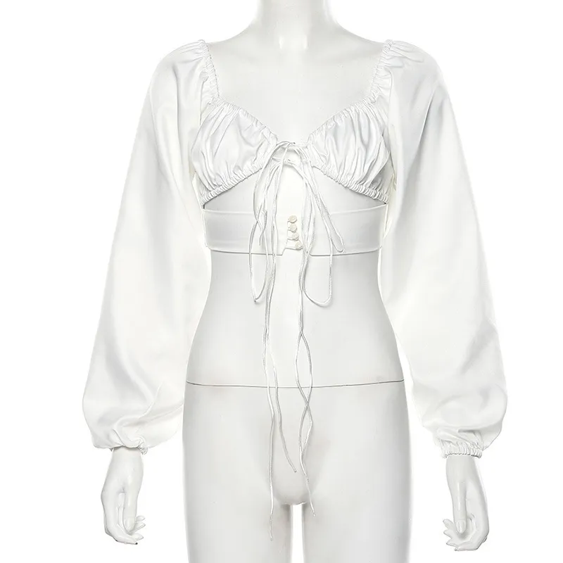 Sexy geschnittene weiße Puffärmel-Crop-Top-Bluse für Damen, Schnürbluse mit Knopf, elastische schwarze Party-Sommer-Tops 210415