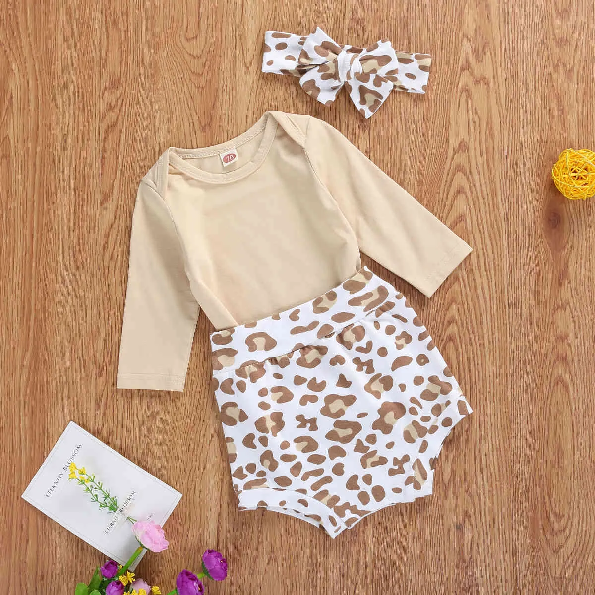 0-24m Född spädbarnsflickor Leopard Kläder Set Höst Långärmad Romper Shorts Headband Outfits 210515