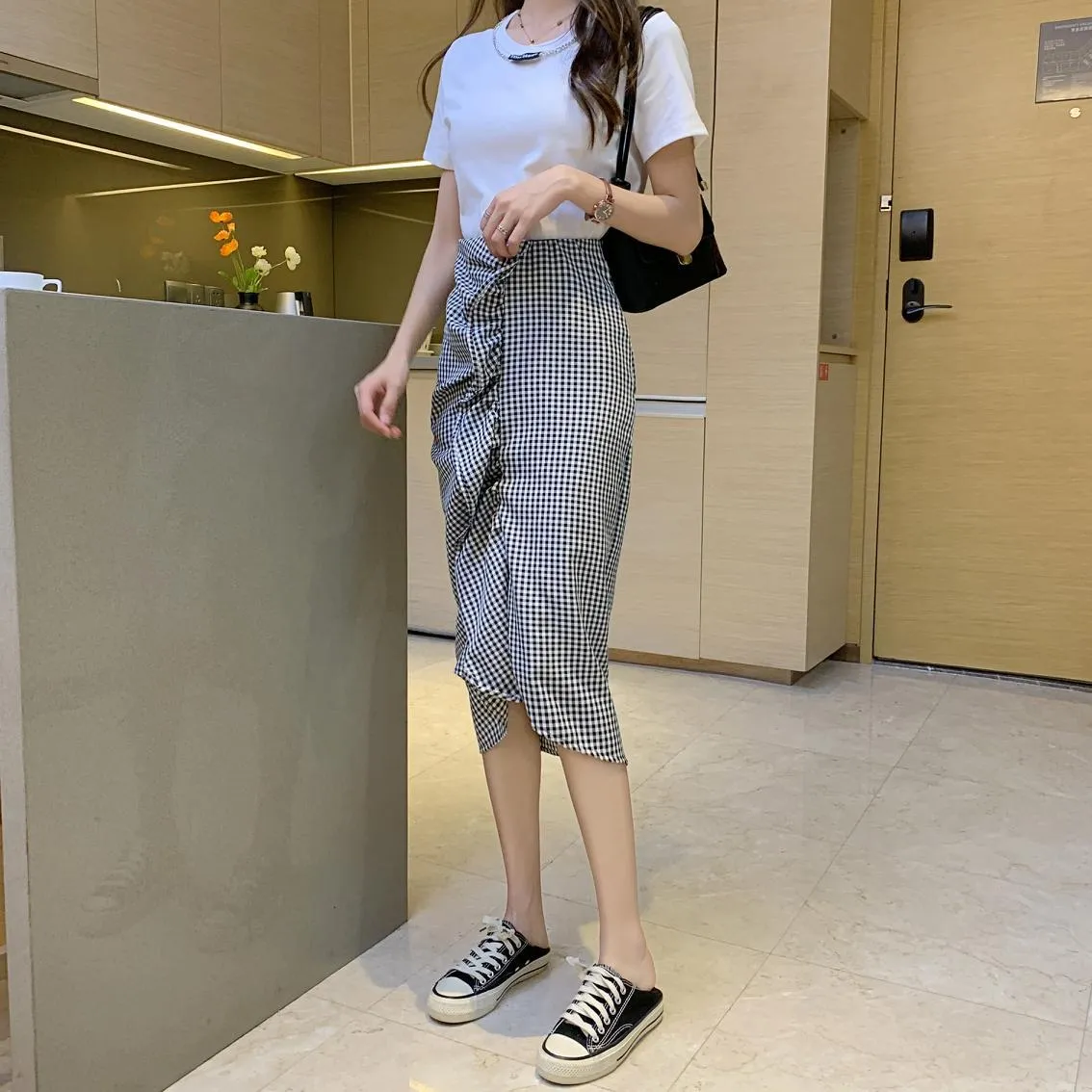 格子縞スプリットスカート女性フリル不規則な腰の短夏韓国のファッション婦人服210520