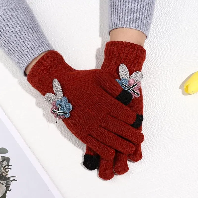 Cinq doigts gants hiver tricoté écran tactile hommes femmes Plus velours épais mitaines chaudes doux élastique
