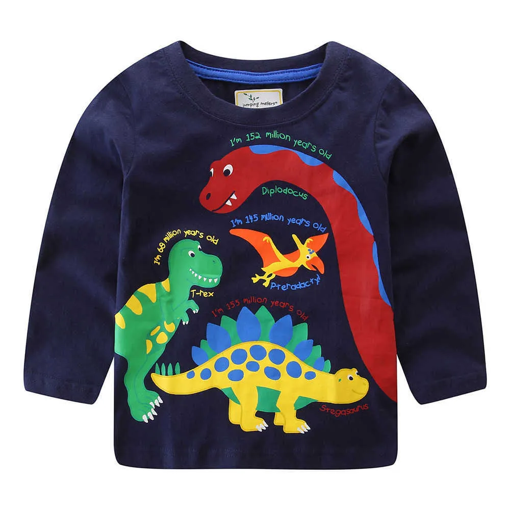 Jumping Meters Coton Dinosaures T-shirts pour bébés garçons filles vêtements à manches longues rayures animaux appliques enfants 210529