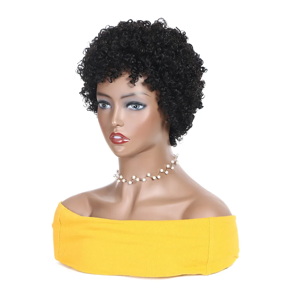 ピクシーカットウィッグ人間の髪の髪の髪の髪の短いボブのウィッグ女性Afro Kinky Curly Wigフルマシン作り安く人間の髪の毛のかつらAlimaster