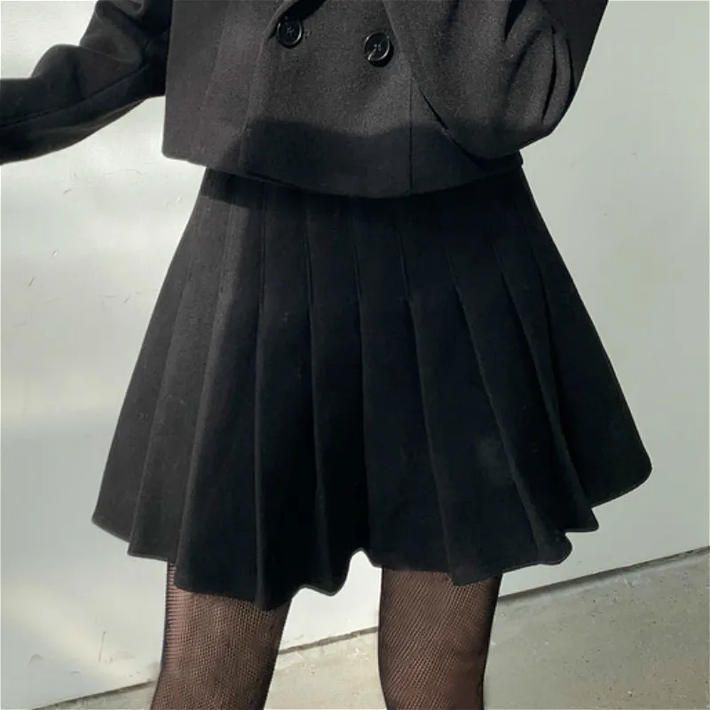 Kimutomo Vintage Fashion Deux pièces Tenues pour femmes Col rabattu Broderie Blazer court + Jupe plissée taille haute 210521