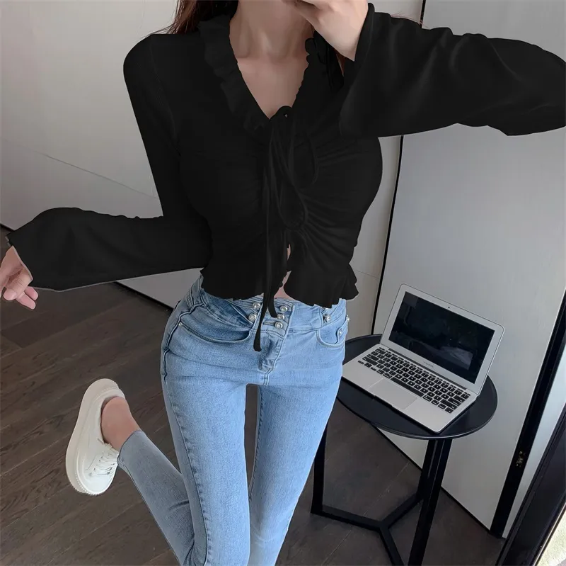 Ruffle Patchwork Up Long Sleeve Crop Top Women Ribbed Sexy Party Knitwear T-Shirt Hollow Out Bodycon Club Tie Front Tops 210507