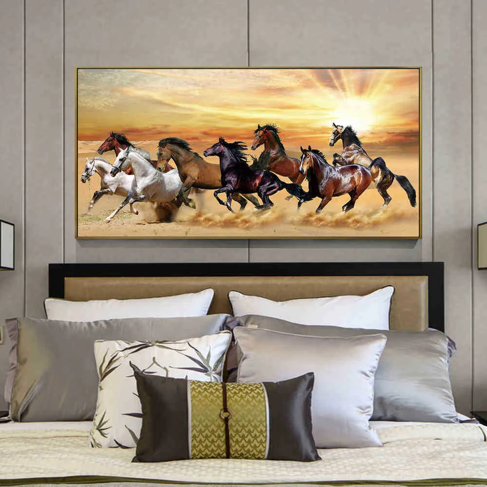 Peintures de chevaux en cours d'exécution toile pour chambre à coucher Art coucher de soleil paysage animaux affiches et impressions décoration murale de la maison R5HL5858317