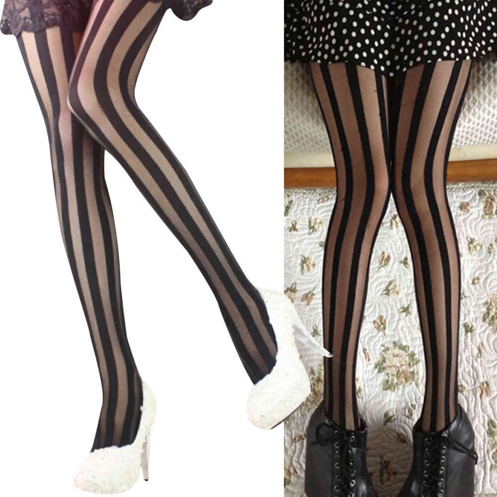 Mulheres Vintage Sexy Black Vertical listras padrão esticada meia-calça fishnet calças meias meias y1119