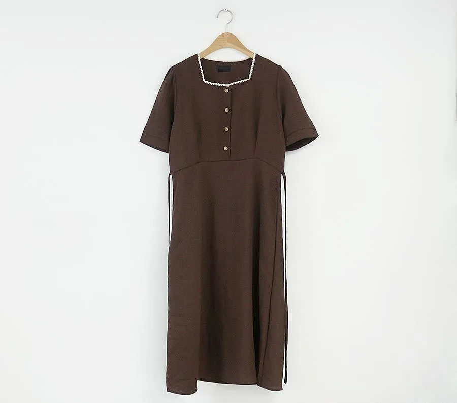 Plus size Summer Girls Boho Party Cotton Linen Female Vintage Dress Brown Short Sleeve Women Dresses Long Robe Vestido 210417