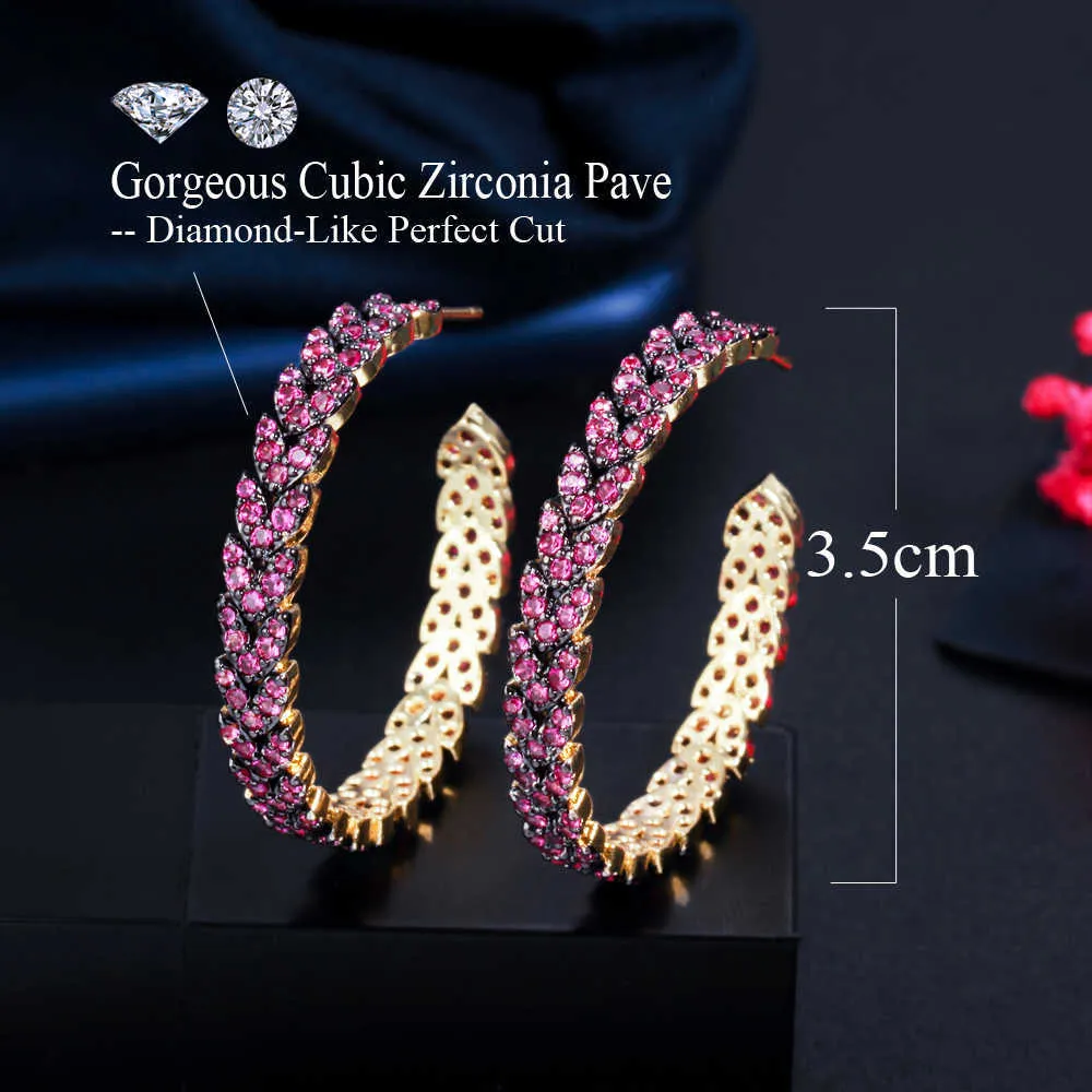 Designer deux tons or couleur rose rouge cubique Zircon cristal blé lien grand rond boucles d'oreilles pour femmes bijoux CZ906 210714