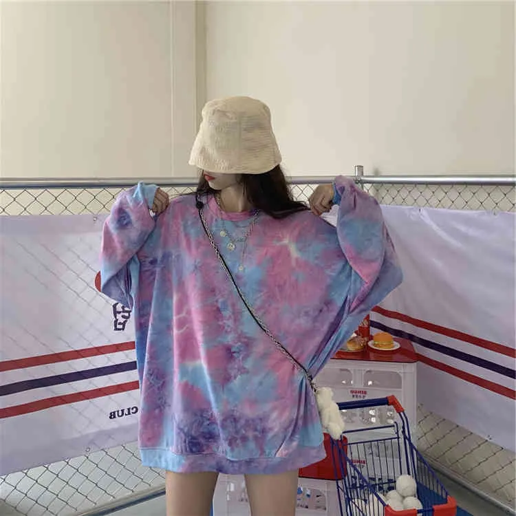 Lange Mouwen Tops T-shirt Dames Harajuku Tie Dye Tee Shirt Femme Koreaanse Mode Kleding Losse Tshirts Streetwear 210519