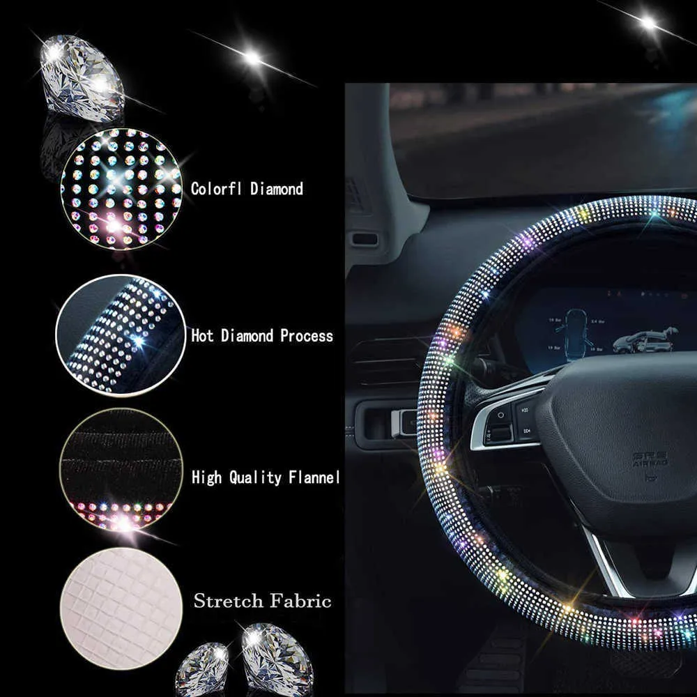 New 15 Inch Color Shiny Rhinestones Steering Wheel Cover Diamond PU Leather Car Steering Cover Universal Auto Accessories