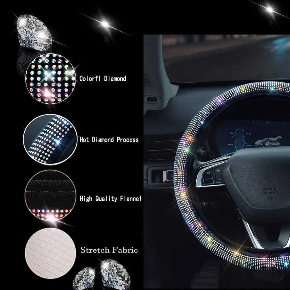 New 15 Inch Color Shiny Rhinestones Steering Wheel Cover Diamond PU Leather Car Steering Cover Universal Auto Accessories253B