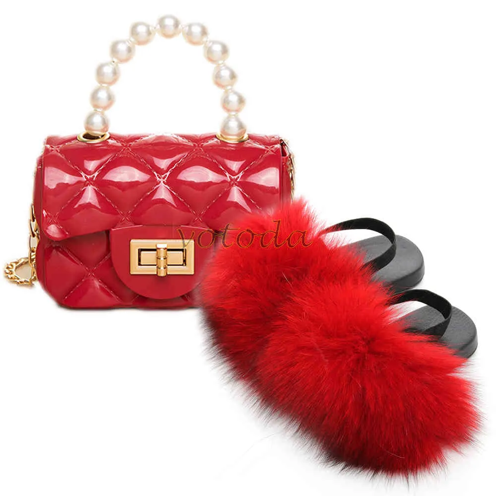 Filles Fox Fur Pantoufles Fullfy Furry Fur Slides Enfant Rainbow Jelly Sacs Perle Chaîne Sac À Main Enfant En Bas Âge Enfants Mignon Fourrure Chaussures Sac Ensemble 922