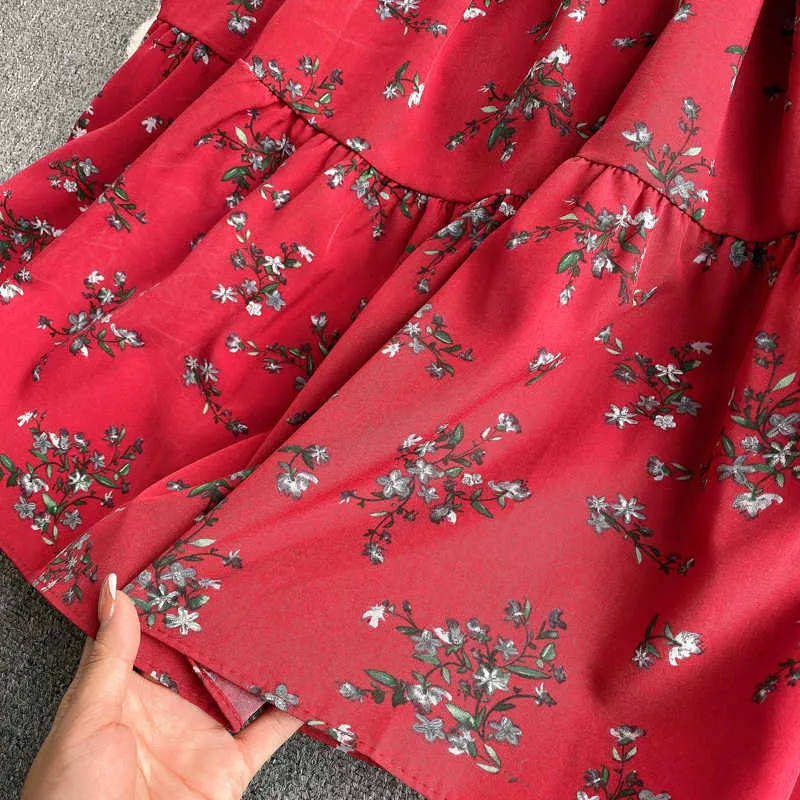 Sommer Böhmischen Rot/Gelb/Grün Floral Gedruckt Kleid Frauen Casual V-ausschnitt Einreiher Kurzarm Vestidos Weibliche 2021 neue Y0603