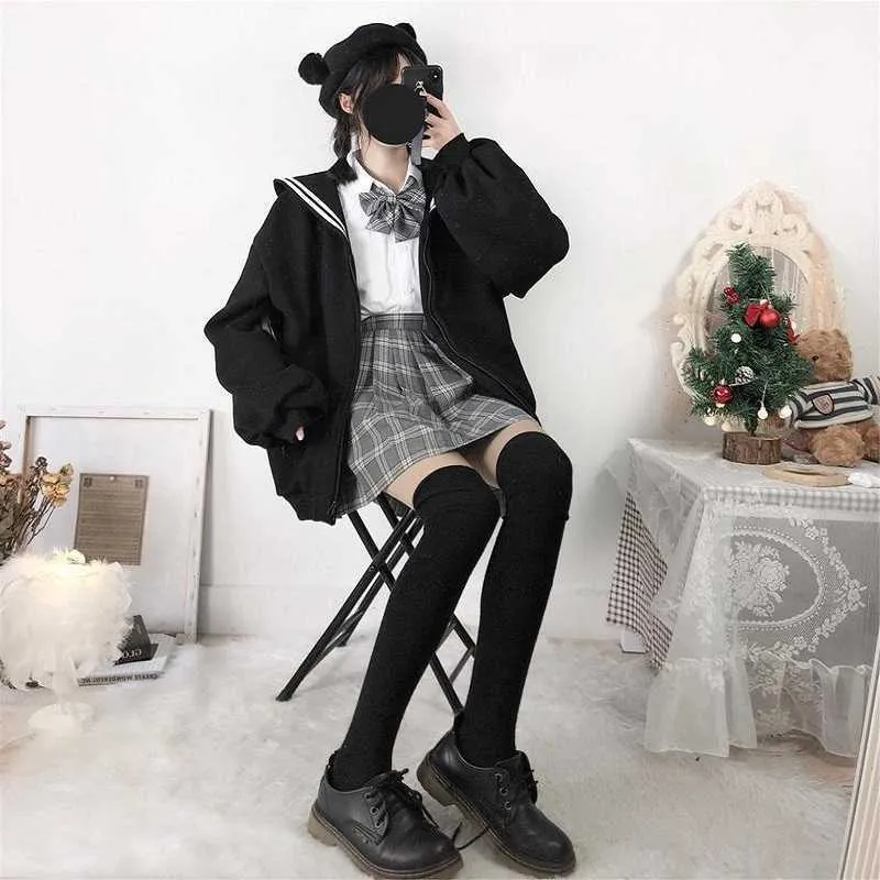 QWEEK Felpa con cappuccio con zip nera Kawaii da donna Felpa con colletto alla marinara Felpa giapponese streetwear morbida moda ragazza 210813