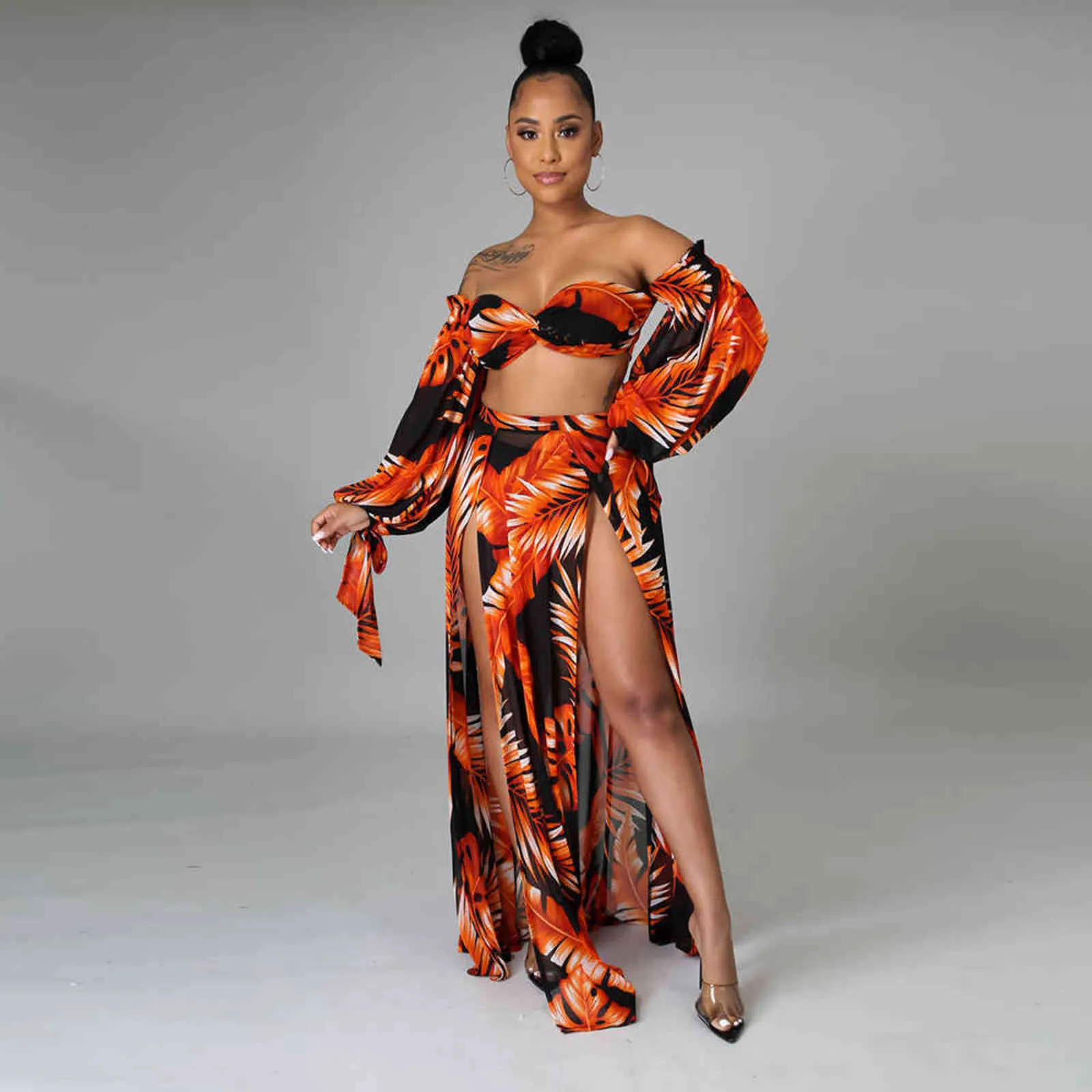 S-5XL Plus Size Leaves Print Bikini Set Summer Outfit Women Off Shoulder Lantern Sleeve Crop Top+underpant+split Skirts 211116