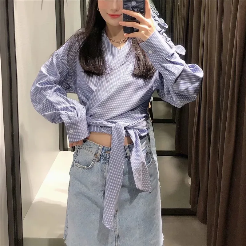 Spring Blue Striped Cropped Women Shirts Fashion Wrap Long Sleeve Top Woman Hem Tied Street Style Ladies Blouse 210519