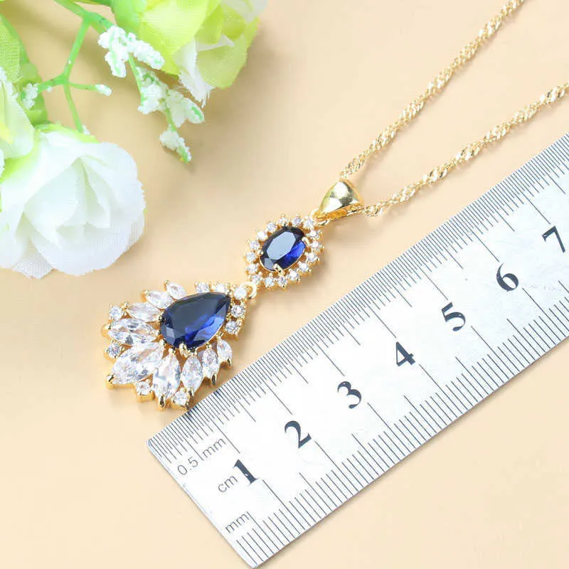 African Jewelry Sets Dubai Yellow Gold Color Wedding Accessories Blue Cubic Zirconia 6-Colors Bracelet And Ring Sets H1022