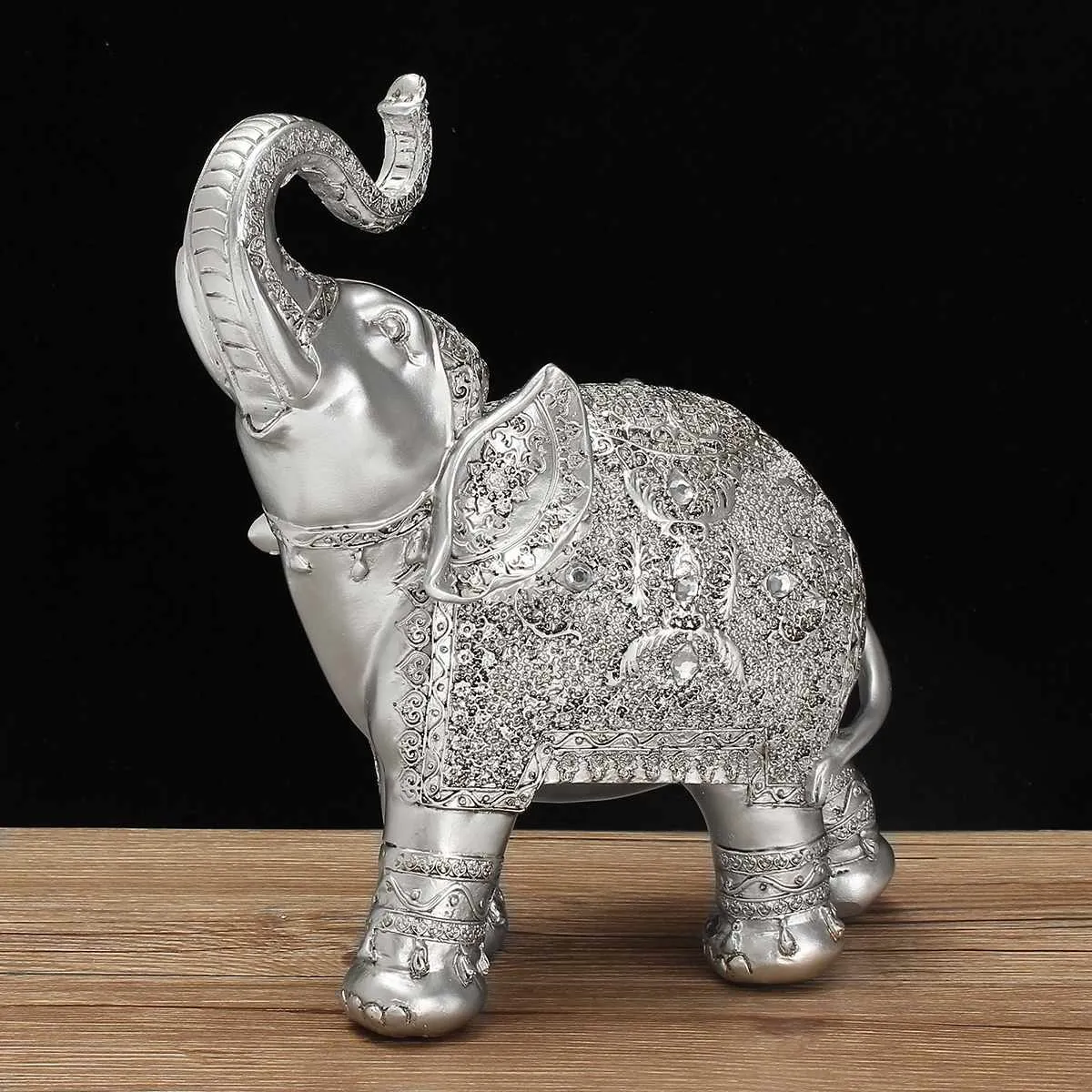 Moda 2 Pz / set Argento Polyresin Ornato Elefante Statua Fortunato Figurine Sculture Ornamenti Home Office Decor Artigianato Regalo 210414