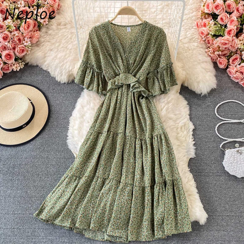 Neploe Holiday Print Bohemian Long Dress Women High Waist Hip Sashes A Line Vestidos Summer 2021 New Short Sleeve Robe Y0823