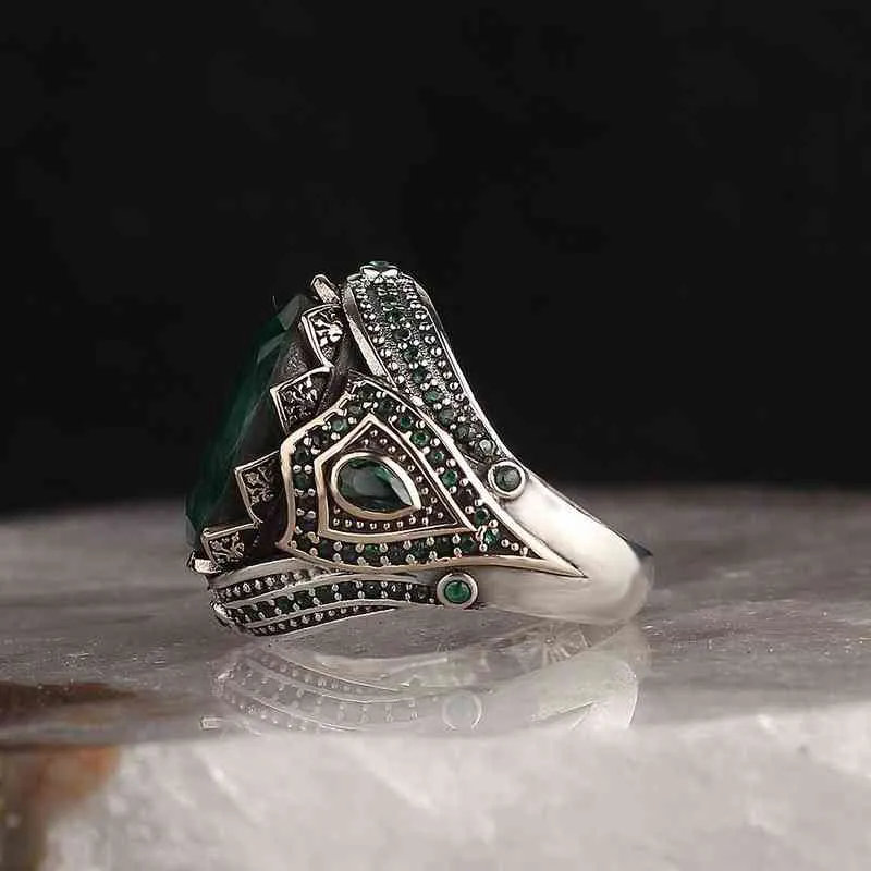 925 Sterling Zilveren Ring voor Mannen Emerald Stone Sieraden Mode Vintage Gift Onyx Aqeq Mens Ringen Alle Maat 211217