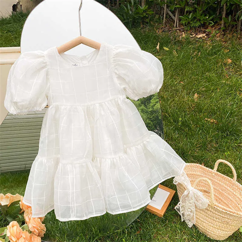 Корейский стиль летних девочек сетки слоеного рукава принцесса платье детей мода случайный день рождения платья 210615