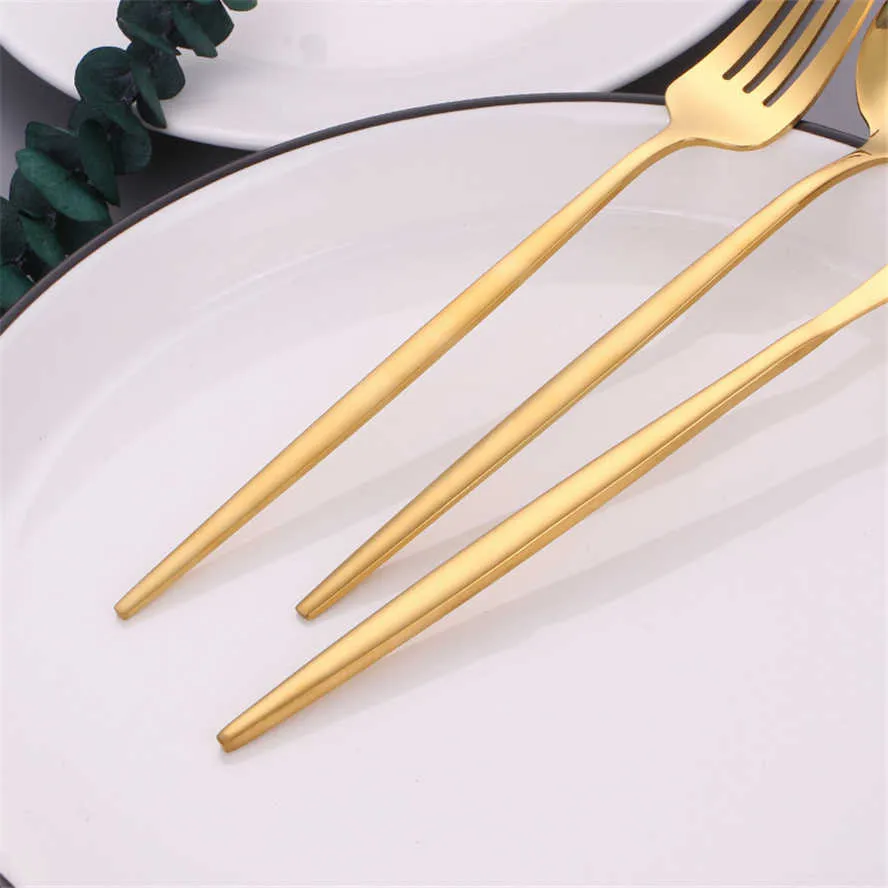 Matte Gold Cutlery set forks facas colheres de aço inoxidável cutelaria conjunto de talheres de mesa dintarware faca de ouro garfo colher conjunto 211012