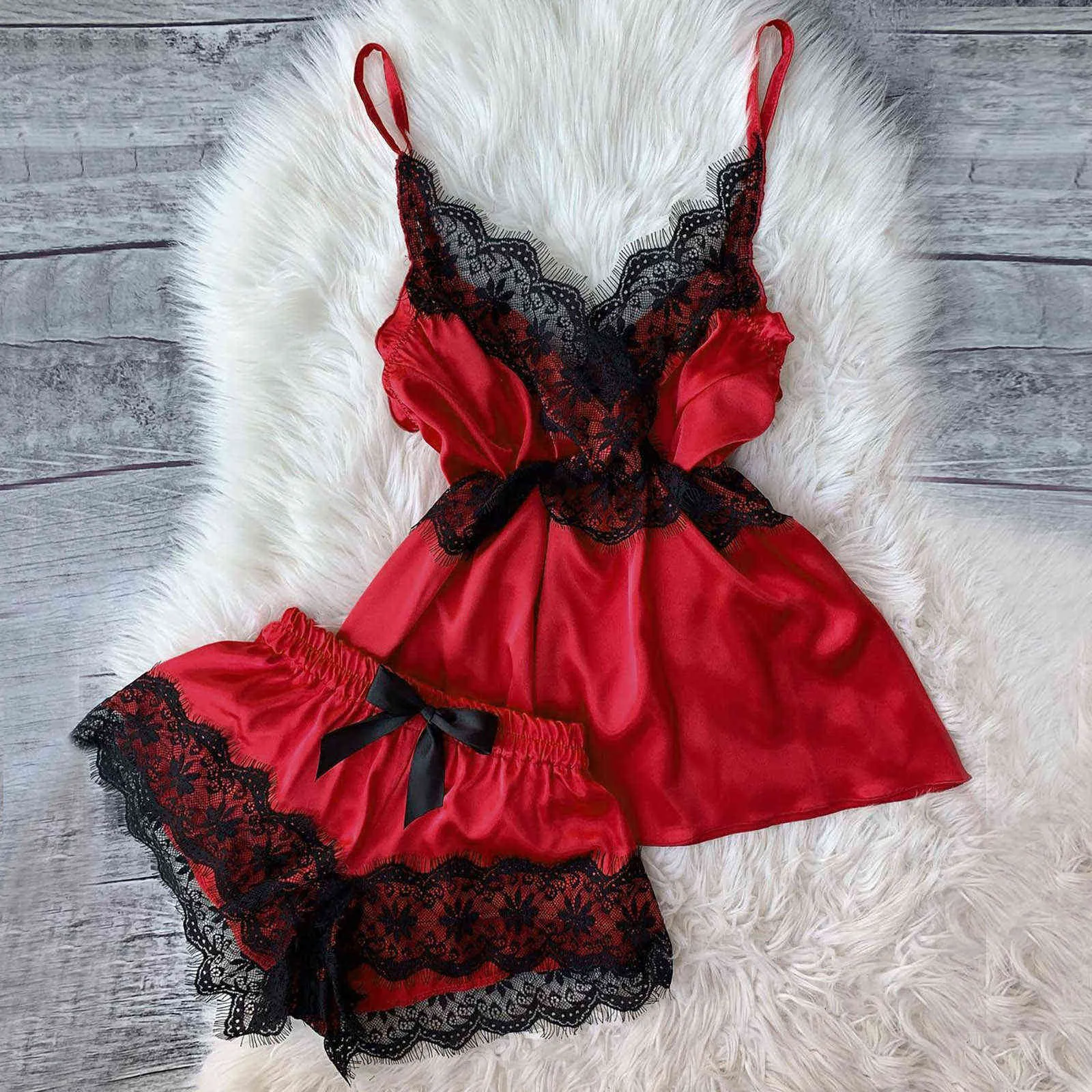 Pyjamas Set Lace Sleepwear Women Sexy Nighty Ladies Exquisite Lingerie Tops Shorts Sets Babydoll Pajamas Nightwear Homewear Q0706