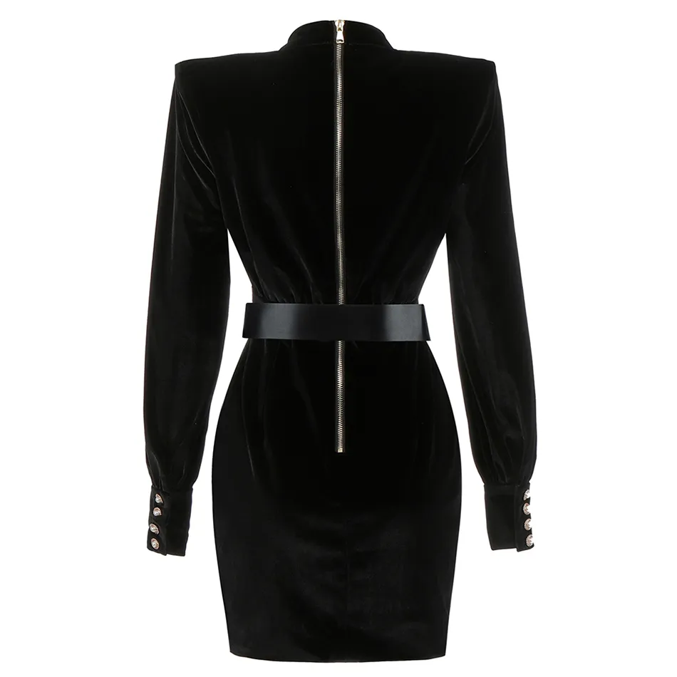 Free Chic Women's Velvet Dress Sexy Stand Collar Long Sleeve Belt Bodycon Hollow Mini Club Party es 210524