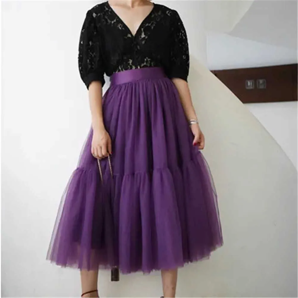 Elegant Tulle Pleated Skirt Summer Autumn Winter Big Swing Women Skirt Korean Female Cute Green Blue Purple Long Skirt Tutu 210619