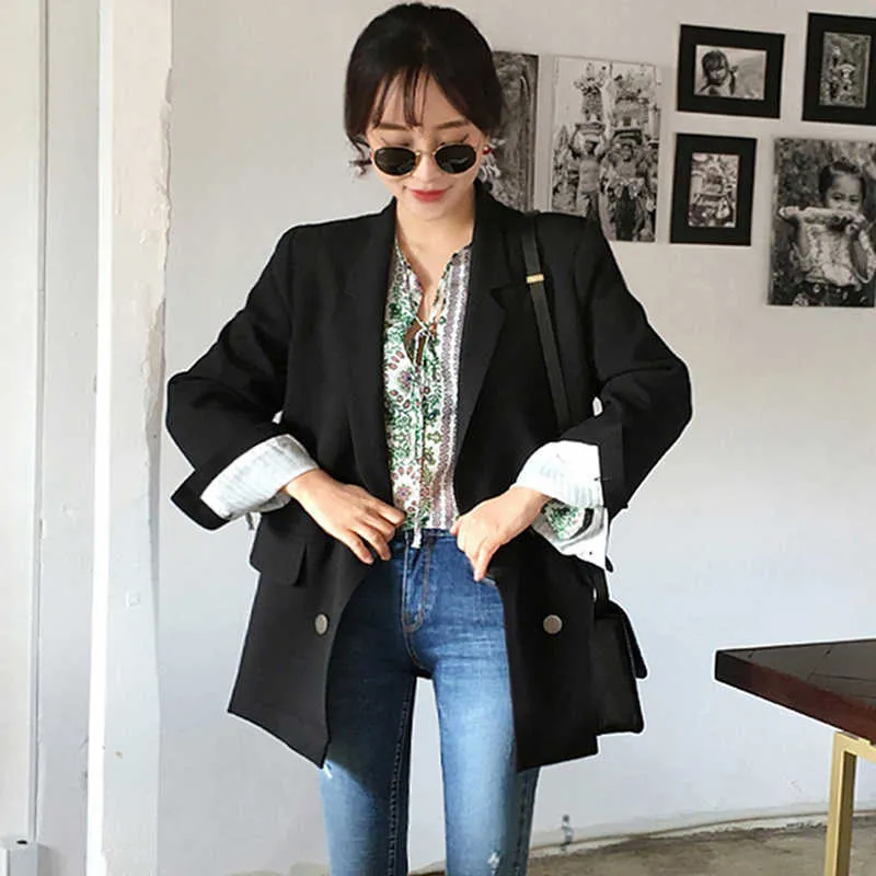 Fashionable Loose Black Women's Jacket Casual Elegant Dubbel Breasted Ladies Blazer Temperament Långärmad Coat Små kostym 210527