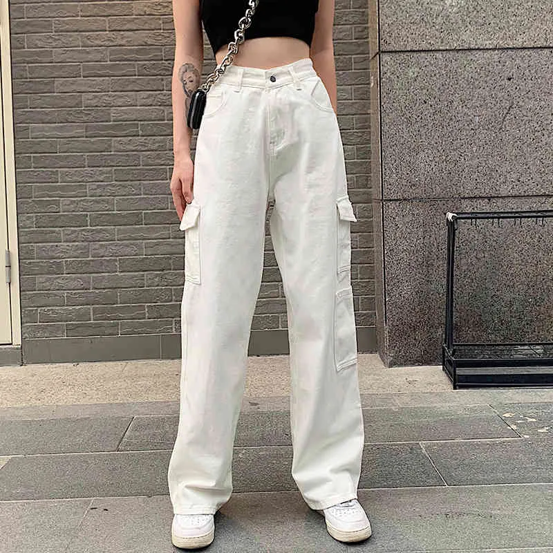 Streetwear Bleu Baggy Droite Taille Haute Mode Féminine Y2k Maman Jeans Pour Filles Vintage Long Noir Denim Pantalon Blanc Pantalon 210415