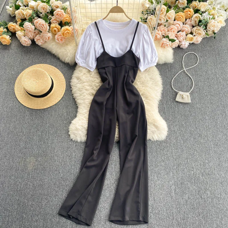 SINGREINY Frauen Sommer Koreanische Casual Set O Hals Kurzarm Weißere Tops + Chic Sexy Strap Breite Bein Overalls Zwei stück Anzüge 210419