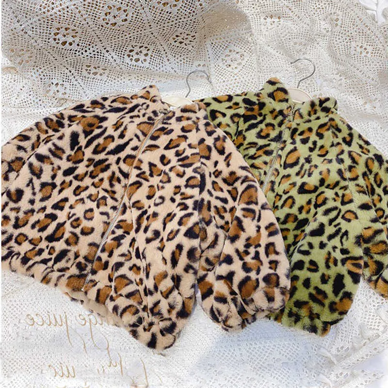 Девушки пальто леопардовый печать ягненка шерсть плюс бархатная толстая куртка верхняя одежда зимний теплый кардиган детская одежда для мальчиков 210625